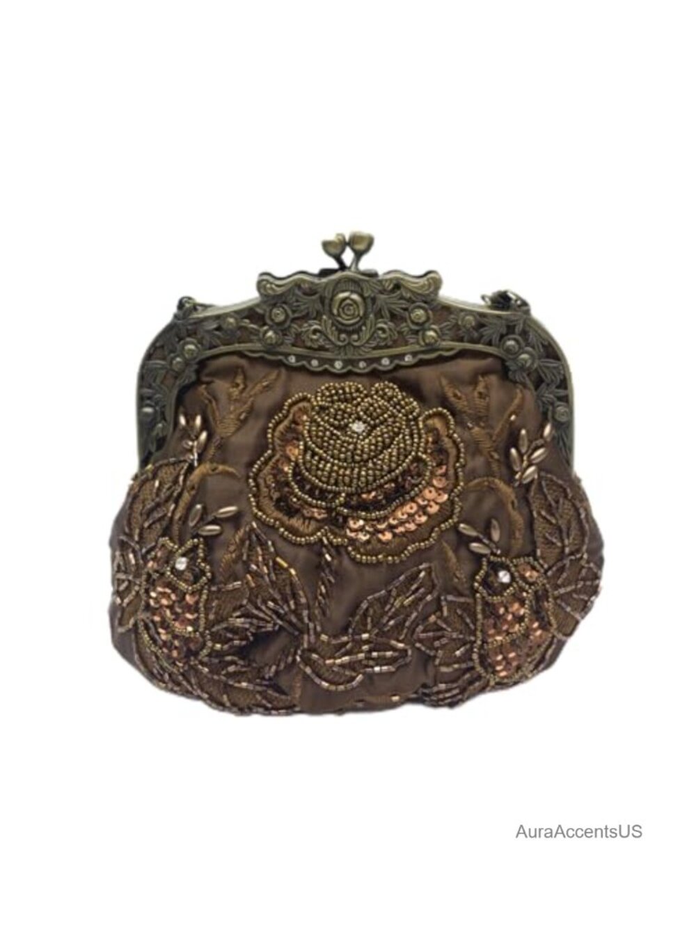 Handmade Beaded Rose Evening Clutch Purse with Kiss Lock Crossbody
